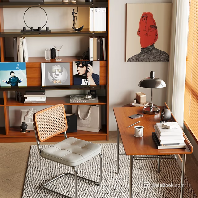 Wooden Desk And Rattan Back Chair In Cozy Study With Table Lamp Books And Decorations 3d model 