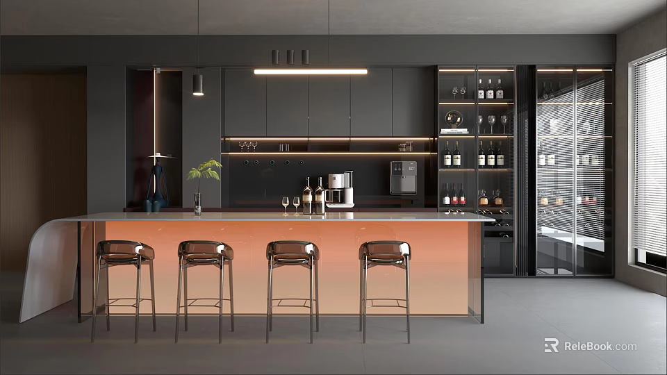 Modern Restaurant Interior Design With Bar Counter Bar Stools And Wine Cabinets 3d model 