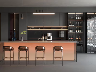 Modern Restaurant Interior Design With Bar Counter Bar Stools And Wine Cabinets 3d model