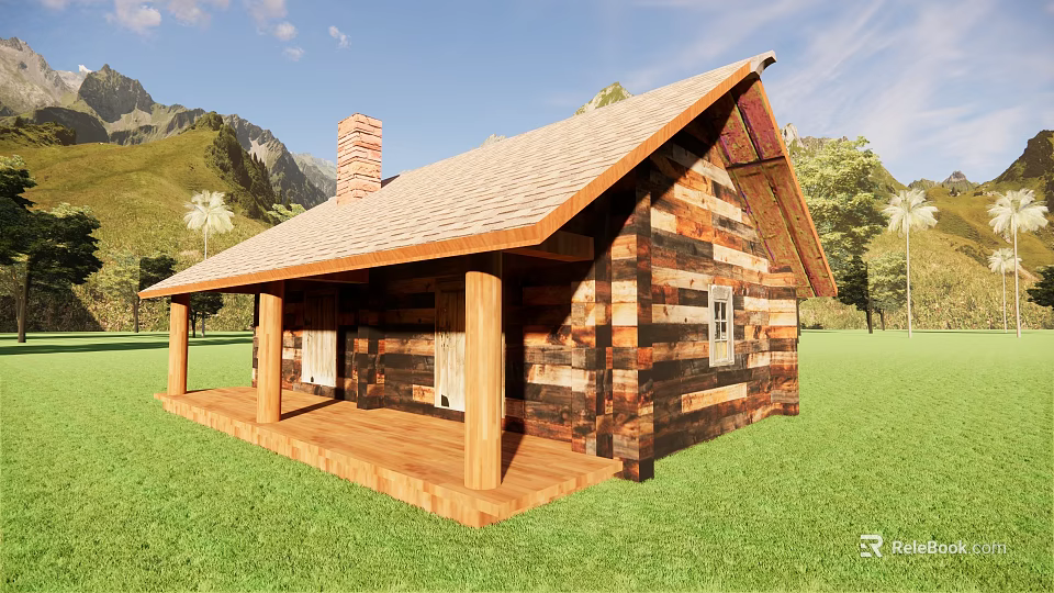 Rustic Log Cabin With Wooden Roof Brick Chimney Porch Green Grass And Mountain View 3d model 