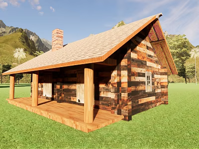 Rustic Log Cabin With Wooden Roof Brick Chimney Porch Green Grass And Mountain View 3d model
