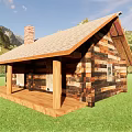 Rustic Log Cabin With Wooden Roof Brick Chimney Porch Green Grass And Mountain View