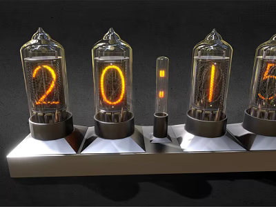 Vintage Nixie Tube Clock With Glowing Digital Numbers Arranged In Row 3d model