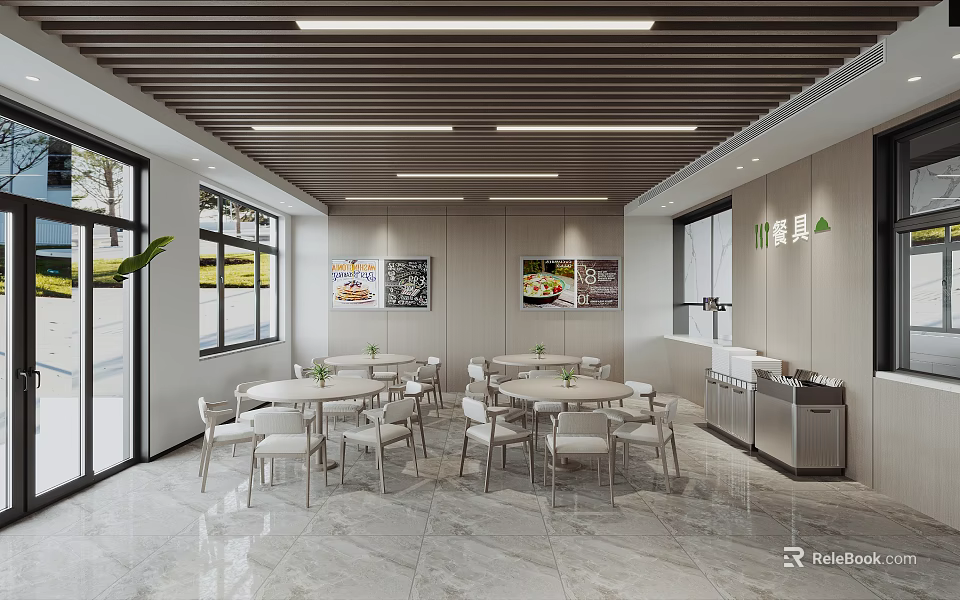 Clean Cafeteria Interior With White Tables Chairs Marble Floor Wooden Ceiling Linear Lights And Posters 3d model 
