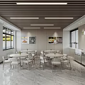 Clean Cafeteria Interior With White Tables Chairs Marble Floor Wooden Ceiling Linear Lights And Posters