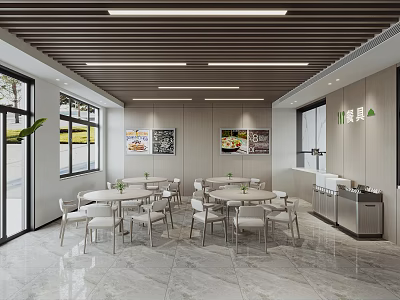 Clean Cafeteria Interior With White Tables Chairs Marble Floor Wooden Ceiling Linear Lights And Posters 3d model