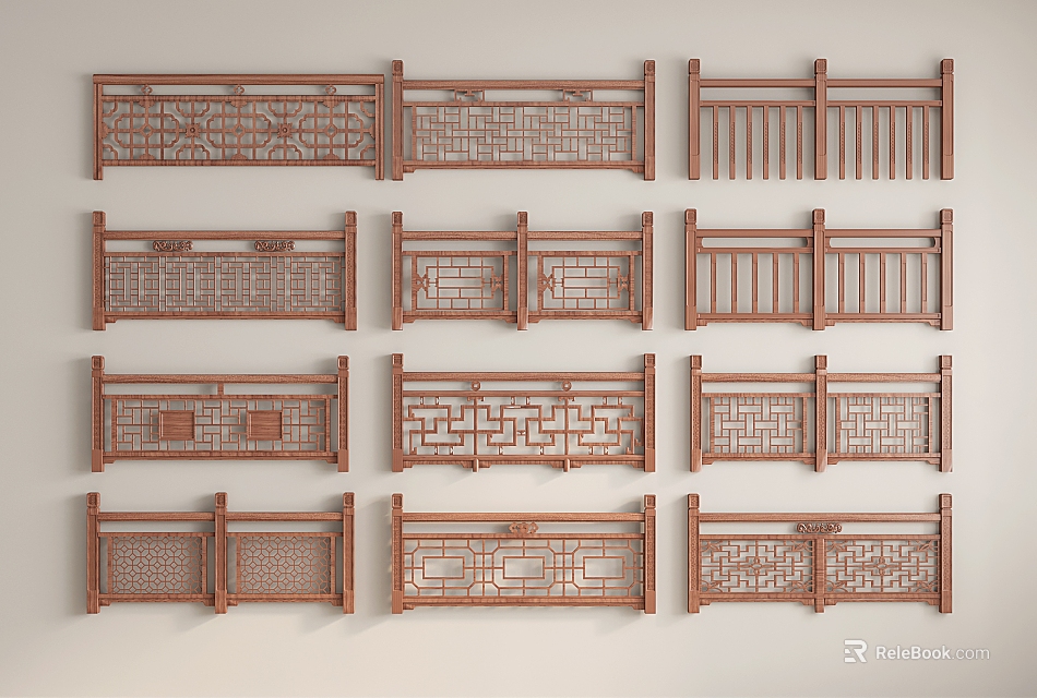 Traditional Wooden Railings Featuring Intricate Carved Patterns And Various Designs 3d model 