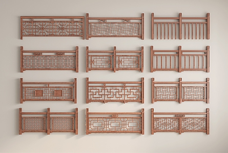 Chinese Guardrail Carved Solid Wood Railing Fence Railing Anticorrosive Wood Railing Fence Outdoor Bamboo Railing 3d model