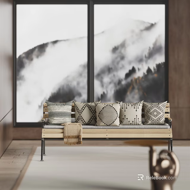 Cozy Public Chair With Geometric Pillows Blanket And Mountain View Window 3d model 