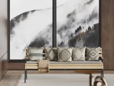 Cozy Public Chair With Geometric Pillows Blanket And Mountain View Window 3d model