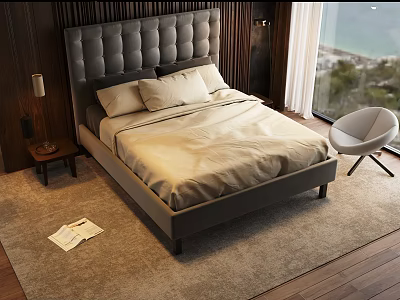 Double Bed With Tufted Headboard Beige Bedding Nightstand Lamp Chair Rug And Sea View 3d model