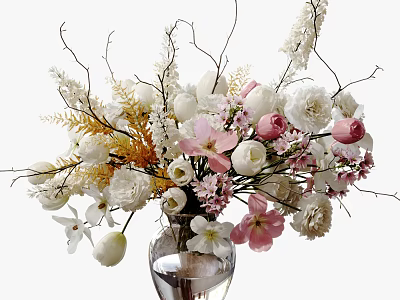 Transparent Glass Vase With White And Pink Flowers And Decorative Branches 3d model