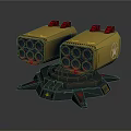 Two Yellow Multi Barrel Mechanical Launchers With Red Tops Black Base And Yellow Emblem
