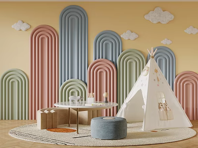 Colorful Arched Kids Room Background Wall Design With Cloud Decorations And Play Tent 3d model