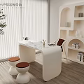 Modern Minimalist Tea Room Interior With Tea Table White Bookshelf Green Plant And Stools