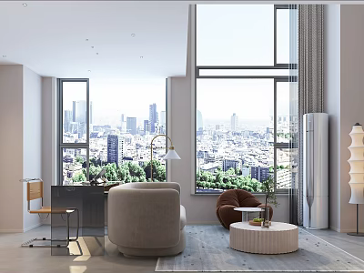 Modern Living And Dining Room Interior With Large Windows City View Sofa Chair And Coffee Table 3d model