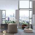 Modern Living And Dining Room Interior With Large Windows City View Sofa Chair And Coffee Table