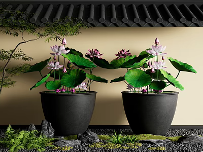 Elegant Water Fountain With Lotus Flowers Green Leaves Rockery And Traditional Decor 3d model