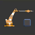 Orange Industrial Robotic Arm Performing Precision Handling With Blue Gray Block