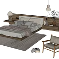 Double Bed with Wooden Headboard Pillows Quilt Side Chair Rug Table Lamp and Books