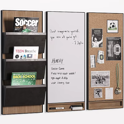 Decorative Cabinet Organized With Magazines Poster Whiteboard Corkboard Photos And Medals 3d model