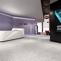 Modern Reception Desk Area With Purple Transparent Partition Orange Accent Wall And Gray Lounge Chair