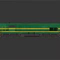 Green Diesel Locomotive With Yellow Stripes And Black Warning Stripes On Reflective Surface
