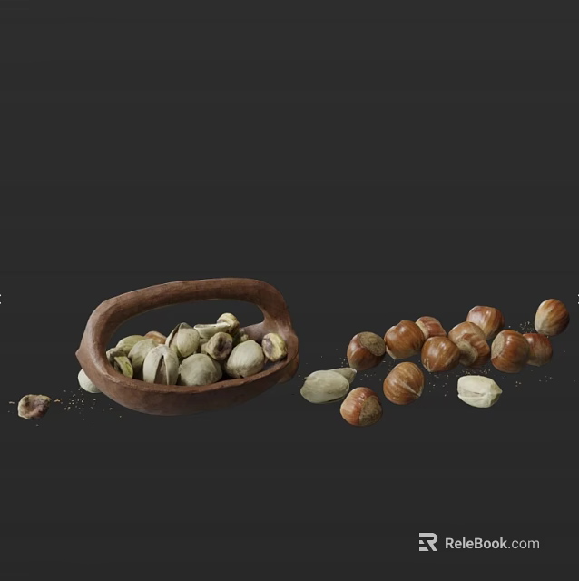 Pistachios and Hazelnuts in Wooden Bowl with Scattered Nuts on Dark Background 3d model 