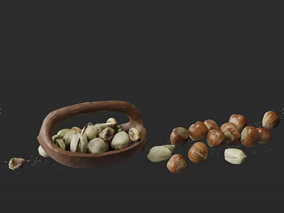 Pistachios and Hazelnuts in Wooden Bowl with Scattered Nuts on Dark Background 3d model