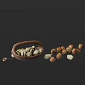Pistachios and Hazelnuts in Wooden Bowl with Scattered Nuts on Dark Background