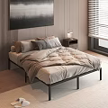 Modern Double Bed with Vertical Striped Wall Black White Abstract Painting Nightstand and Table Lamp