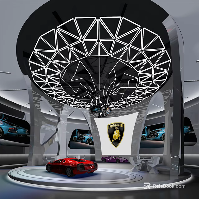 Luxury Car Showroom Interior Featuring Lamborghini Logo Sports Cars And Modern Ceiling 3d model 