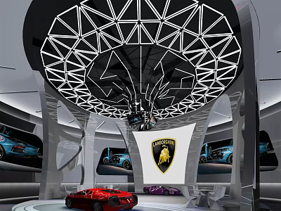 Luxury Car Showroom Interior Featuring Lamborghini Logo Sports Cars And Modern Ceiling 3d model