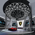Luxury Car Showroom Interior Featuring Lamborghini Logo Sports Cars And Modern Ceiling