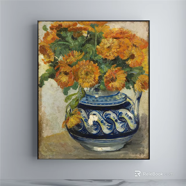 Detailed Botanical Painting Featuring Orange Flowers and Green Leaves in Blue and White Vase 3d model 