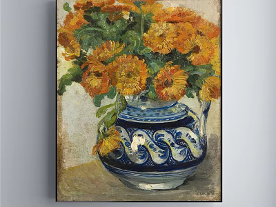 Detailed Botanical Painting Featuring Orange Flowers and Green Leaves in Blue and White Vase 3d model