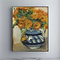 Detailed Botanical Painting Featuring Orange Flowers and Green Leaves in Blue and White Vase