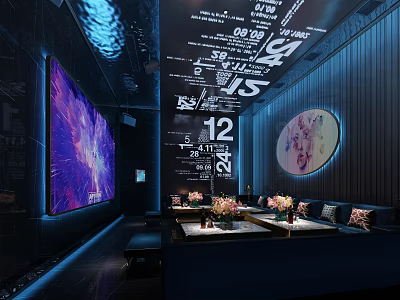 Stylish KTV Private Room With Large Screen Neon Lights Sofas Tables And Fresh Flowers 3d model
