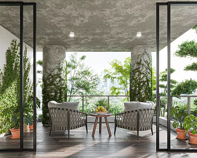 Garden Landscape Balcony with Green Plants Vines Chairs Small Table Wooden Floor and Outdoor View 3d model