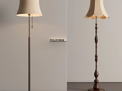 Modern Metal And Vintage Wooden Floor Lamps With Beige Scalloped Lampshades 3d model
