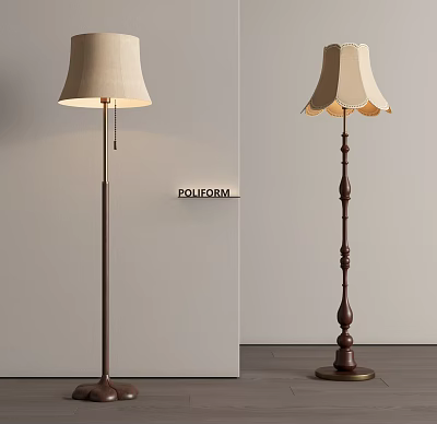 Modern Metal And Vintage Wooden Floor Lamps With Beige Scalloped Lampshades 3d model