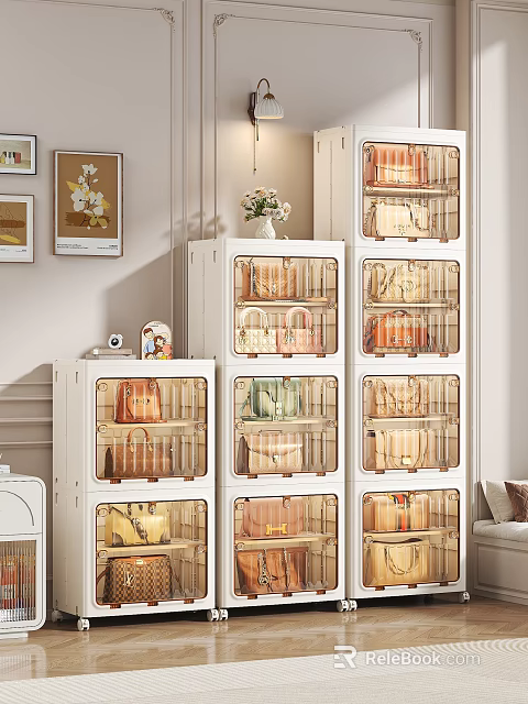 Modern Transparent Door Storage Cabinet With Multi Layer Handbags Display In Interior 3d model 