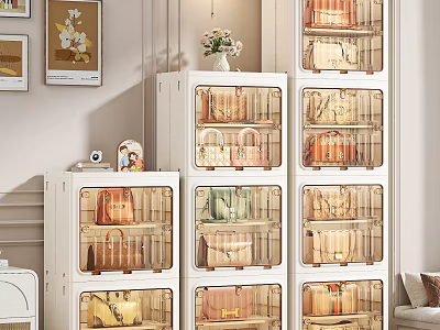 Modern Transparent Door Storage Cabinet With Multi Layer Handbags Display In Interior 3d model