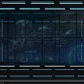 Modern Glass Display Shelves With Illuminated Jellyfish And Blue Lighting Against Black Brick Wall