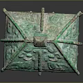 Ancient Bronze Vessel With Turquoise Blue Patina Roof Shaped Lid And Intricate Patterns