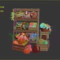 Fresh Fruits Vegetables And Chili Peppers Display On Wooden Shelves With Baskets Crates And Pumpkin