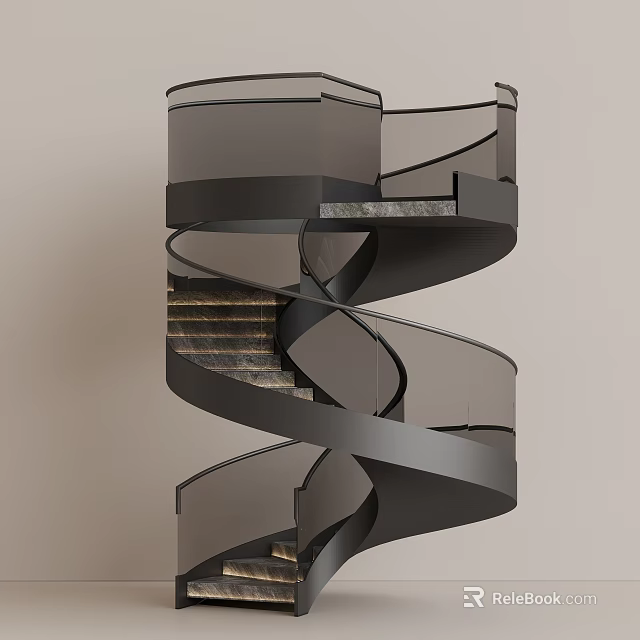 Modern Spiral Staircase With Black Metal Frame Glass Railing And Marble Steps 3d model 