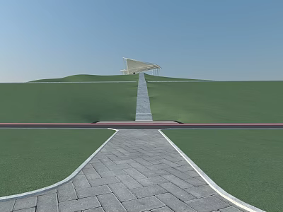 Gray Brick Paved Road Facilities With White Canopy Building In Green Grassland And Blue Sky 3d model