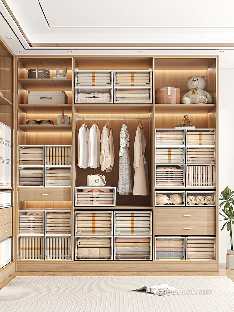 Organized Wooden Wardrobe Interior With Hanging Clothes Folded Storage Boxes Drawers And Decorative Teddy Bear 3d model 