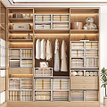 Organized Wooden Wardrobe Interior With Hanging Clothes Folded Storage Boxes Drawers And Decorative Teddy Bear